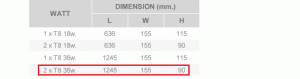 ขนาดโคมอกไก่ 2x36w (120cm.)