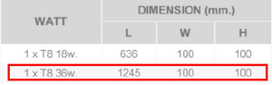 ขนาด โคมเข้ามุมตัวแอลหน้าพลาสติก 1x36W (120cm.)